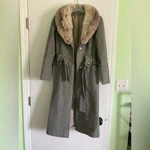 Vintage Gray Wool Coat with REAL Fur Collar